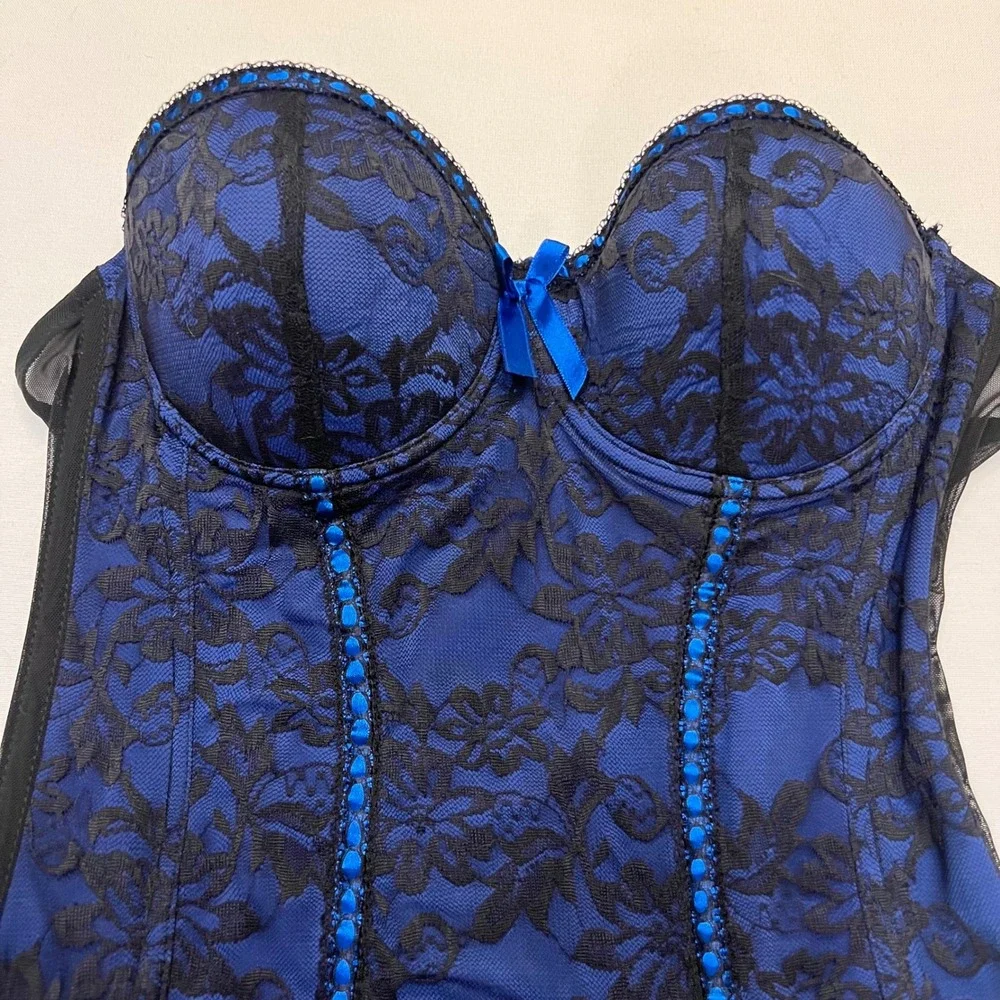 Seven til Midnight‎ Blue Black Lace Corset Burlesque Pin Up Bustier Top Size L
